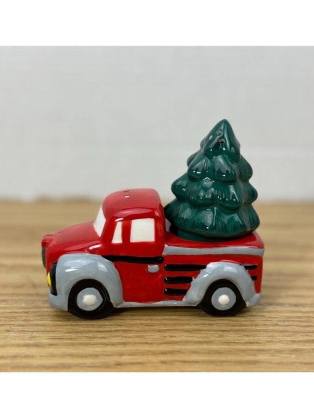 Cute Red Truck Christmas Tree Salt & Pepper Shaker Set Holiday Decor EUC